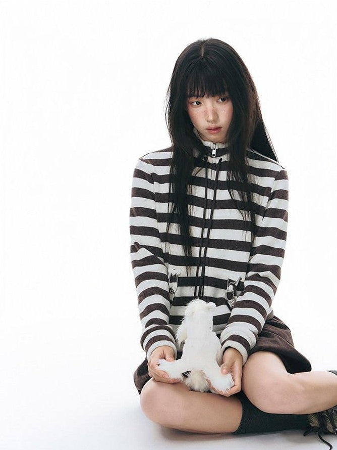 NAPSNAPS Striped Stand Collar Ruffle Zip Women&