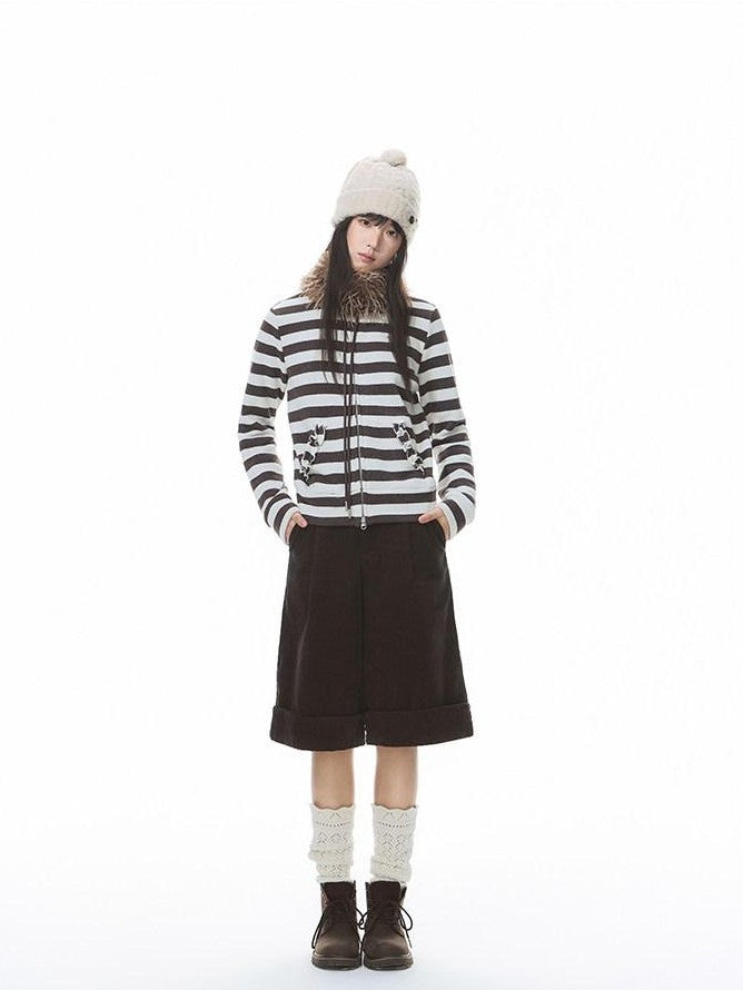 NAPSNAPS Striped Stand Collar Ruffle Zip Women&