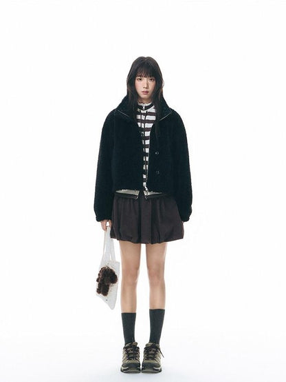 NAPSNAPS Striped Stand Collar Ruffle Zip Women&