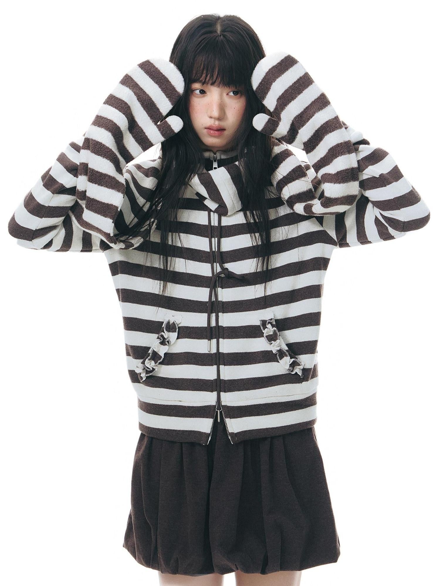 NAPSNAPS Striped Stand Collar Ruffle Zip Women&