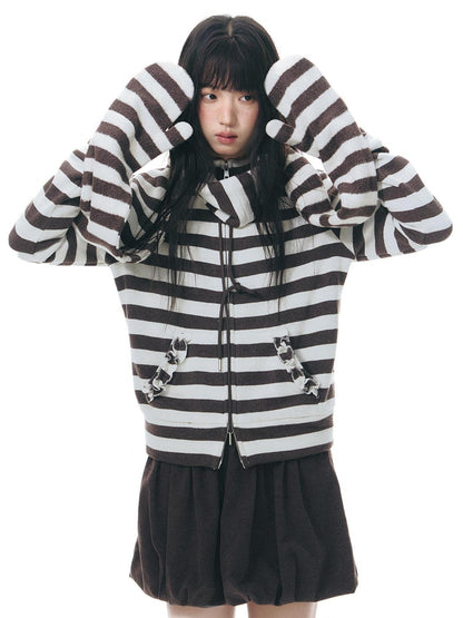 NAPSNAPS Striped Stand Collar Ruffle Zip Women&