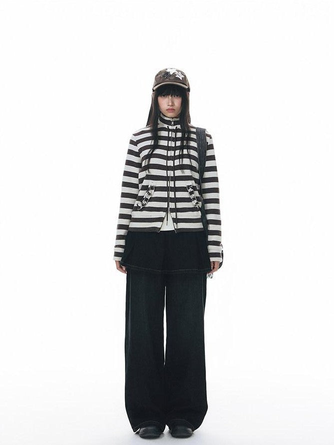 NAPSNAPS Striped Stand Collar Ruffle Zip Women&