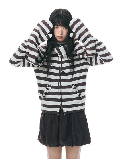 NAPSNAPS Striped Stand Collar Ruffle Zip Women&