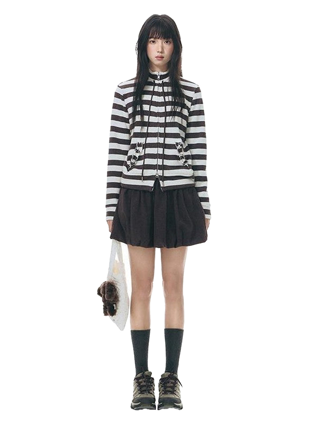 NAPSNAPS Striped Stand Collar Ruffle Zip Women&