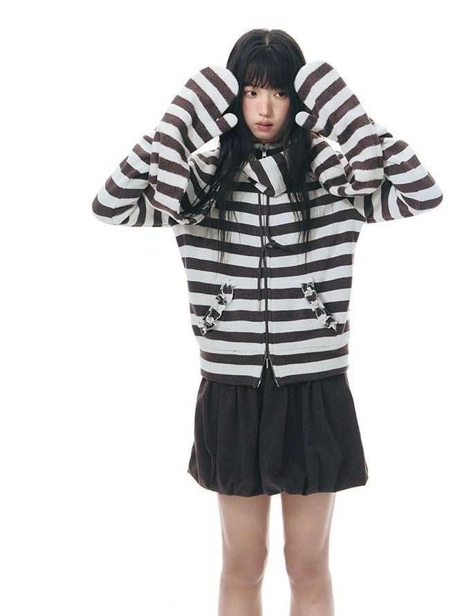 NAPSNAPS Striped Stand Collar Ruffle Zip Women&