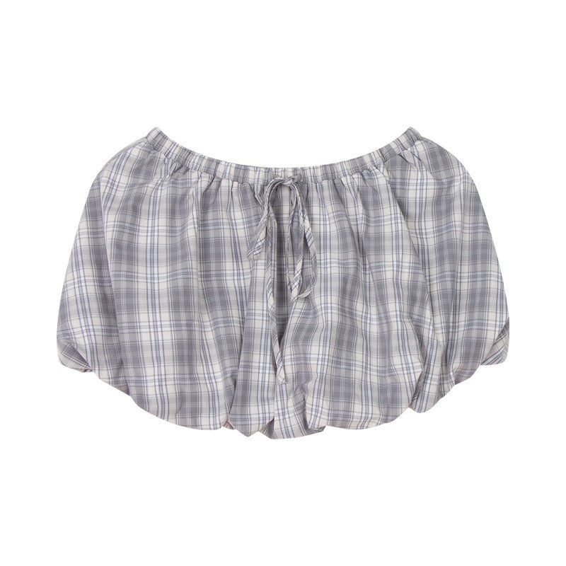 NAPSNAPS_Sweet_Plaid_Tie_Bubble_Patchwork_Elastic_Waist_A_Line_Women&
