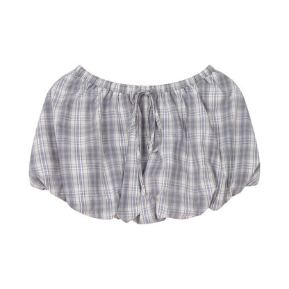 NAPSNAPS_Sweet_Plaid_Tie_Bubble_Patchwork_Elastic_Waist_A_Line_Women&