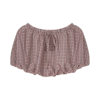 NAPSNAPS_Sweet_Plaid_Tie_Bubble_Patchwork_Elastic_Waist_A_Line_Women&