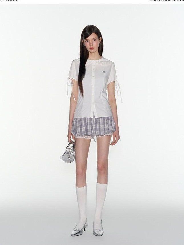 NAPSNAPS Sweet Plaid Tie Bubble Patchwork Elastic Waist A Line Women&