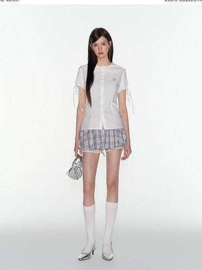 NAPSNAPS Sweet Plaid Tie Bubble Patchwork Elastic Waist A Line Women&
