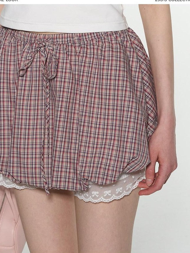 NAPSNAPS Sweet Plaid Tie Bubble Patchwork Elastic Waist A Line Women&