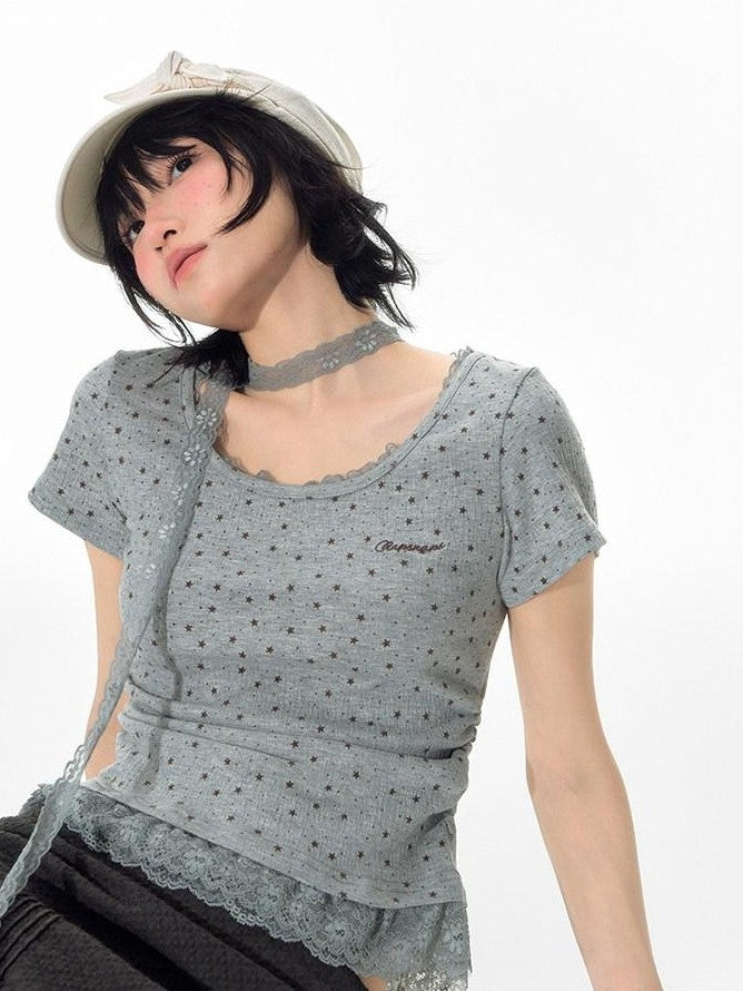 NAPSNAPS Textured Star Print Lace Spliced Women&