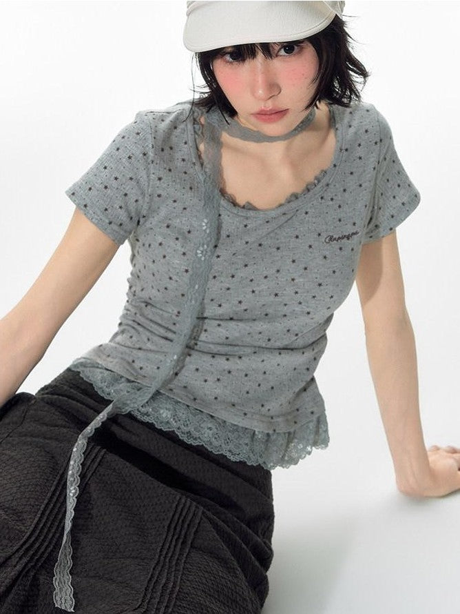 NAPSNAPS Textured Star Print Lace Spliced Women&