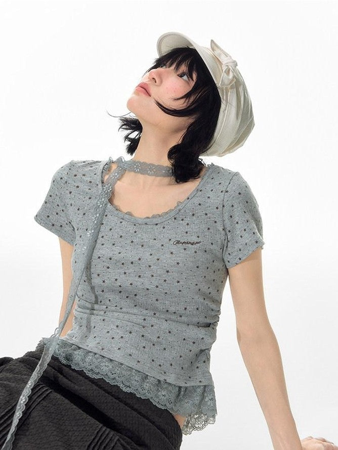 NAPSNAPS Textured Star Print Lace Spliced Women&