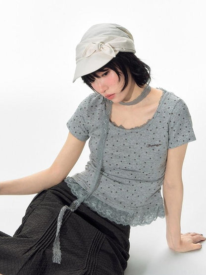 NAPSNAPS Textured Star Print Lace Spliced Women&