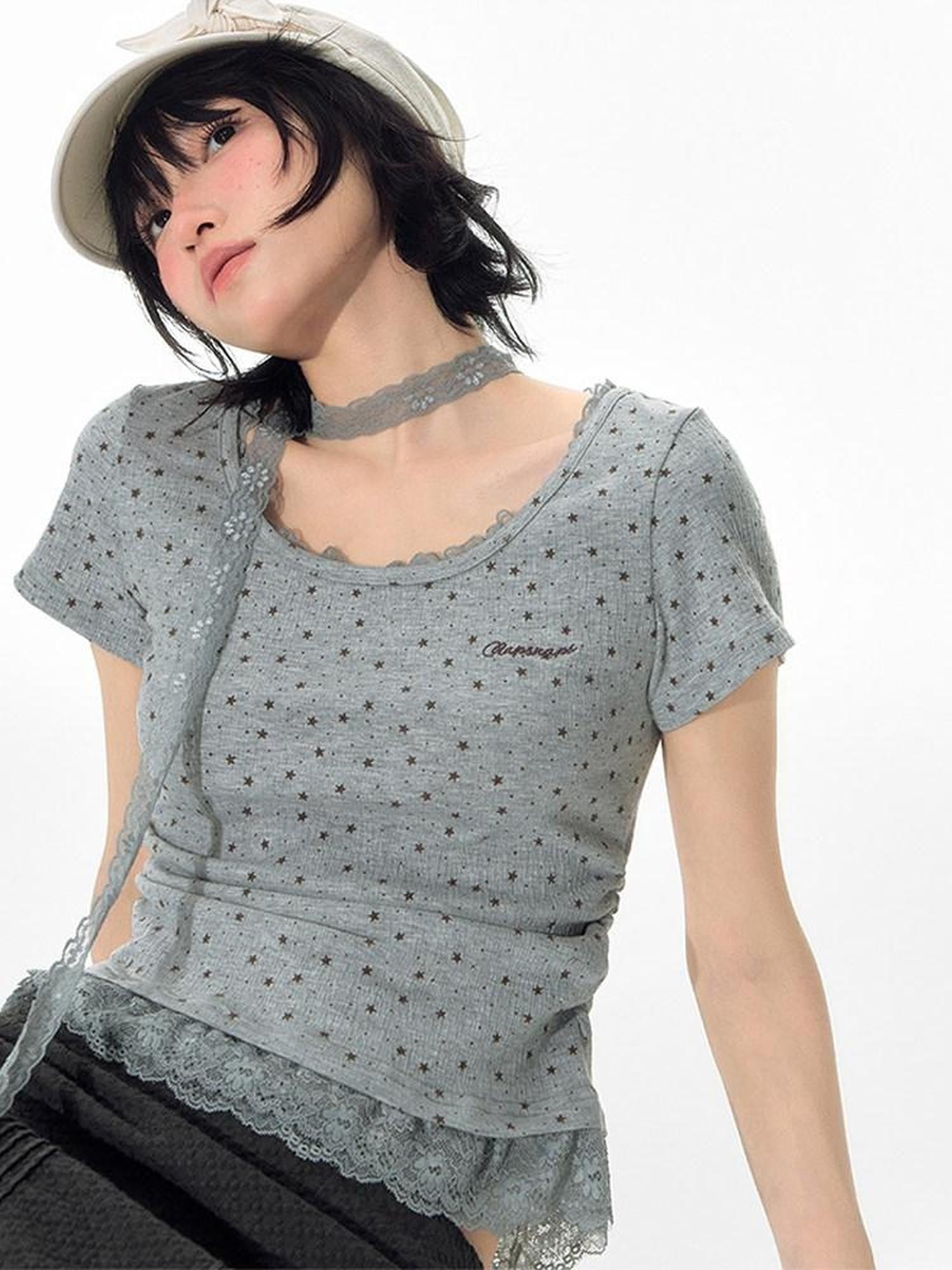 NAPSNAPS Textured Star Print Lace Spliced Women&