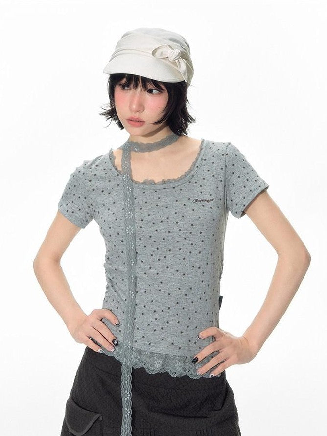NAPSNAPS Textured Star Print Lace Spliced Women&