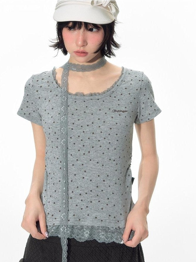 NAPSNAPS Textured Star Print Lace Spliced Women&