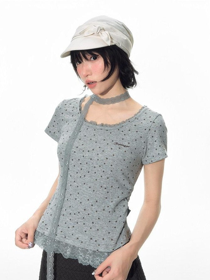 NAPSNAPS Textured Star Print Lace Spliced Women&