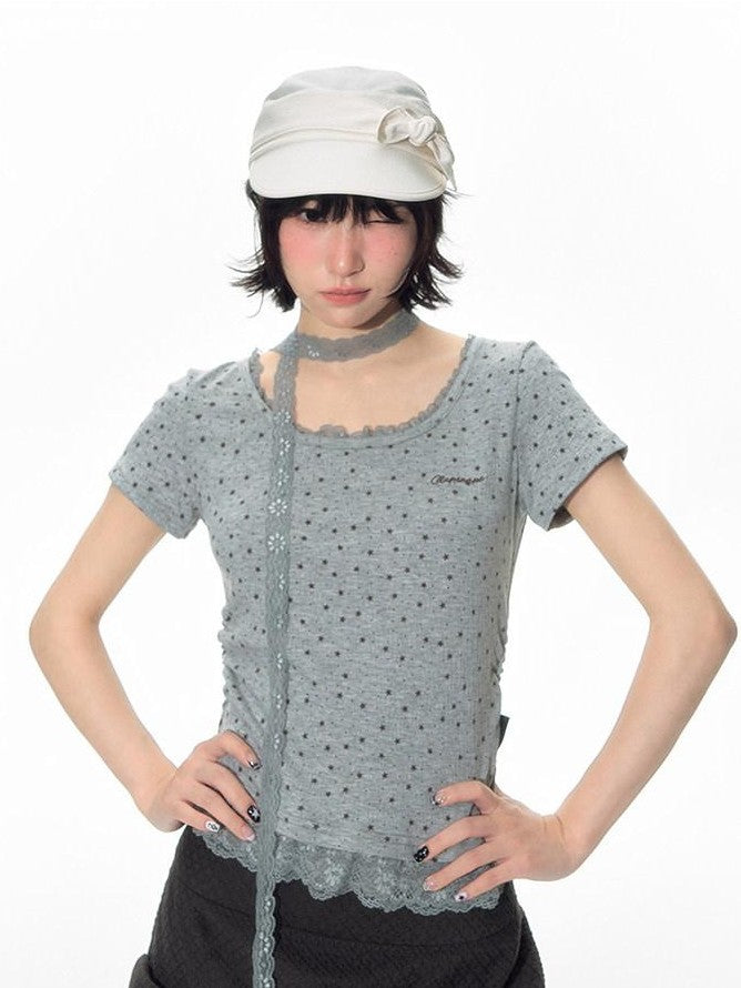 NAPSNAPS Textured Star Print Lace Spliced Women&
