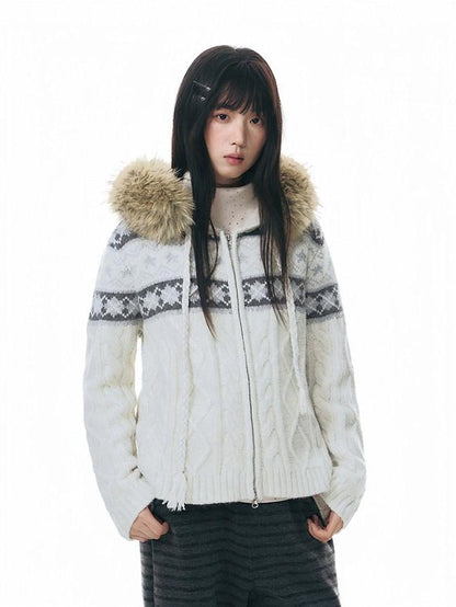 NAPSNAPS Twist Cable Hooded Fur Zip Cardigan Women&