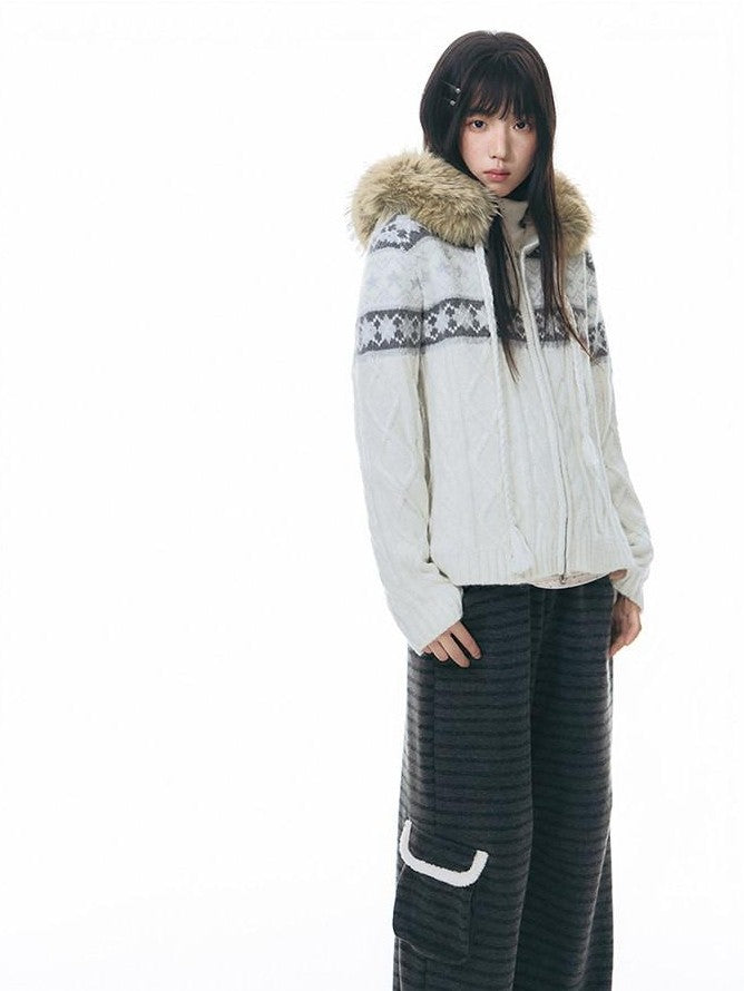 NAPSNAPS Twist Cable Hooded Fur Zip Cardigan Women&