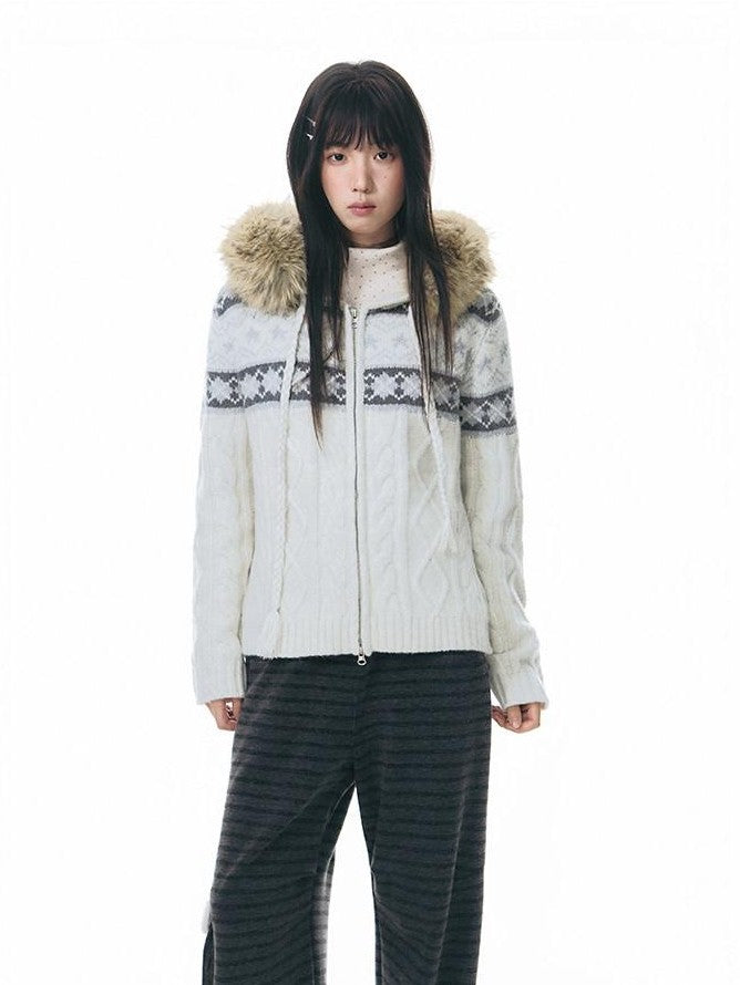 NAPSNAPS Twist Cable Hooded Fur Zip Cardigan Women&