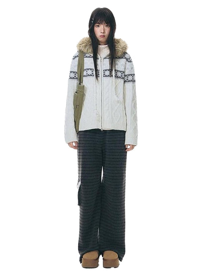 NAPSNAPS Twist Cable Hooded Fur Zip Cardigan Women&