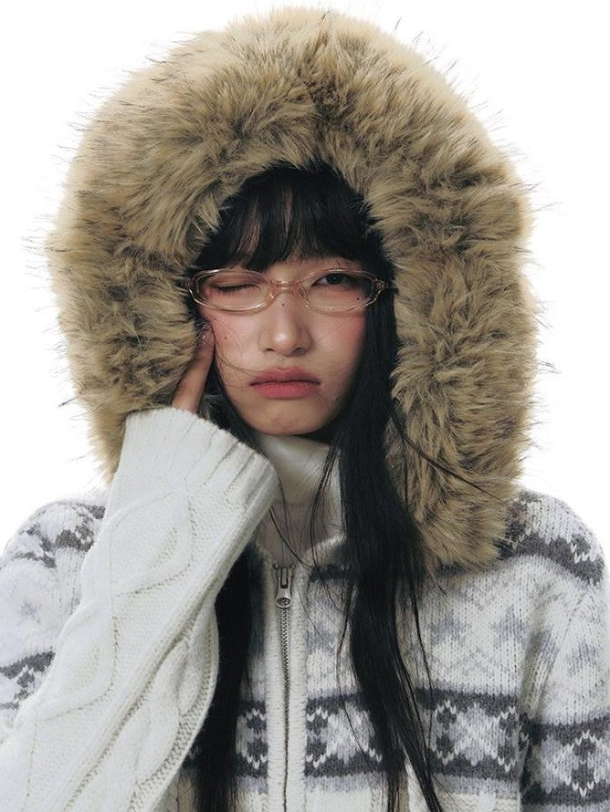 NAPSNAPS Twist Cable Hooded Fur Zip Cardigan Women&