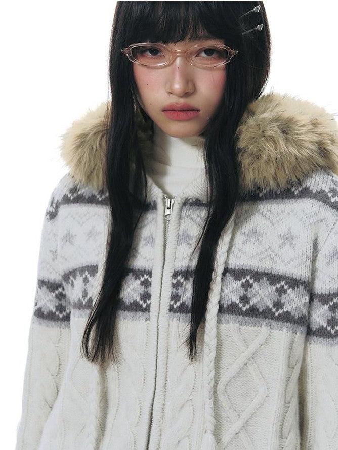NAPSNAPS Twist Cable Hooded Fur Zip Cardigan Women&