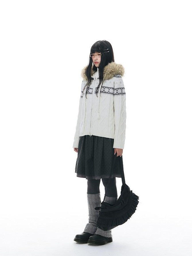 NAPSNAPS Twist Cable Hooded Fur Zip Cardigan Women&