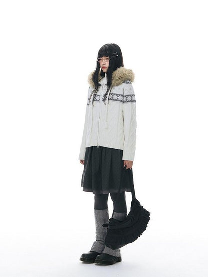 NAPSNAPS Twist Cable Hooded Fur Zip Cardigan Women&