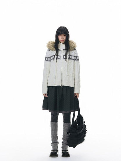 NAPSNAPS Twist Cable Hooded Fur Zip Cardigan Women&