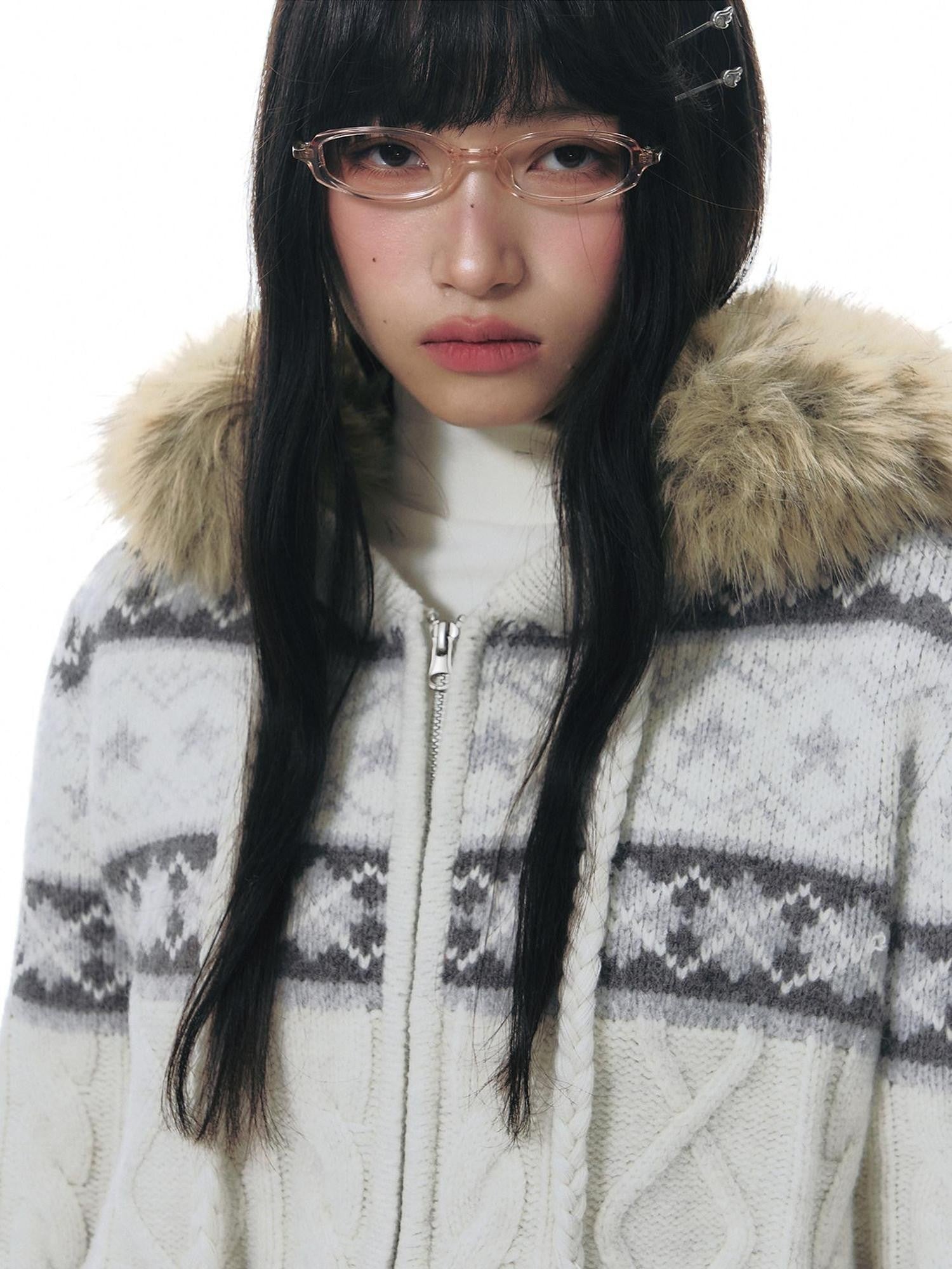 NAPSNAPS Twist Cable Hooded Fur Zip Cardigan Women&