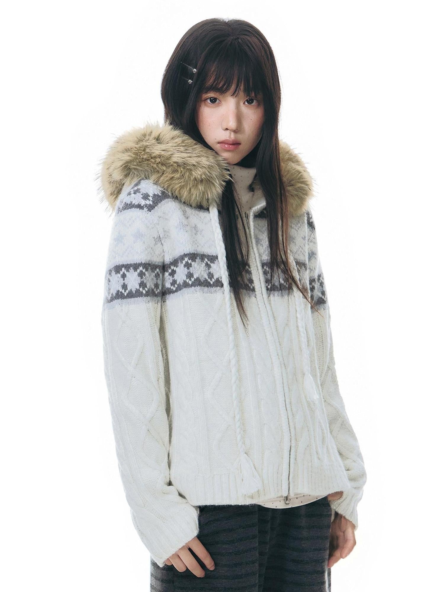 NAPSNAPS Twist Cable Hooded Fur Zip Cardigan Women&