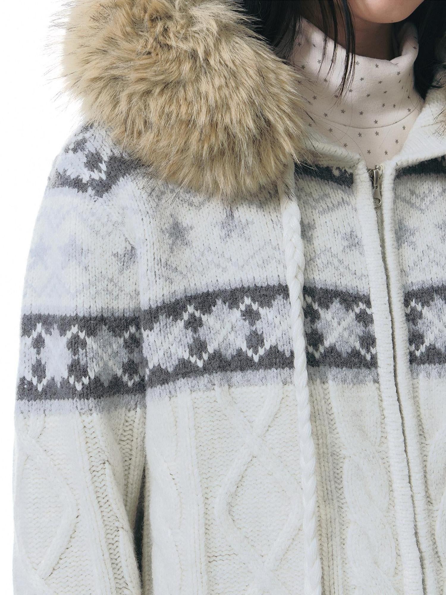 NAPSNAPS Twist Cable Hooded Fur Zip Cardigan Women&