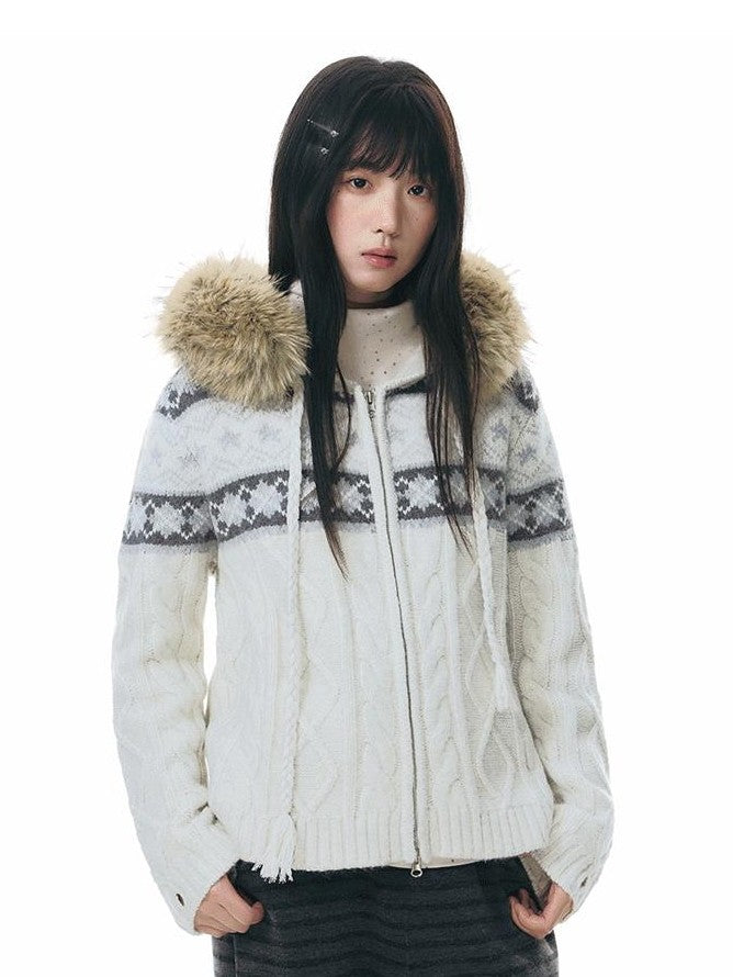 NAPSNAPS Twist Cable Hooded Fur Zip Cardigan Women&