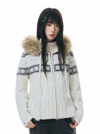 NAPSNAPS Twist Cable Hooded Fur Zip Cardigan Women&