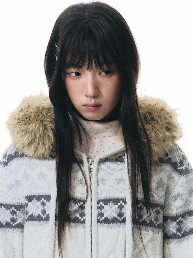 NAPSNAPS Twist Cable Hooded Fur Zip Cardigan Women&