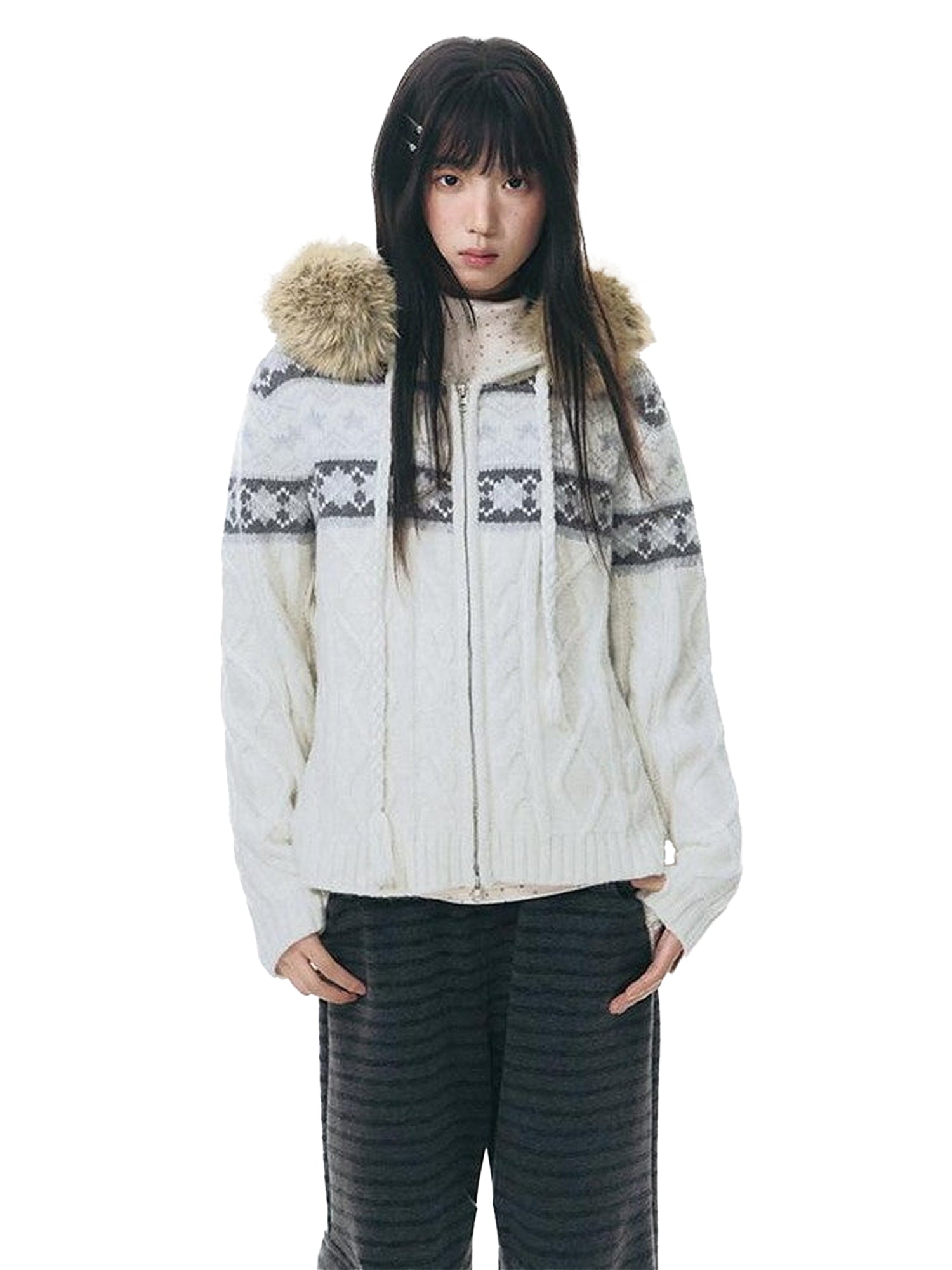 NAPSNAPS Twist Cable Hooded Fur Zip Cardigan Women&