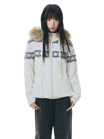 NAPSNAPS Twist Cable Hooded Fur Zip Cardigan Women&