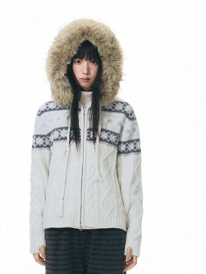NAPSNAPS Twist Cable Hooded Fur Zip Cardigan Women&