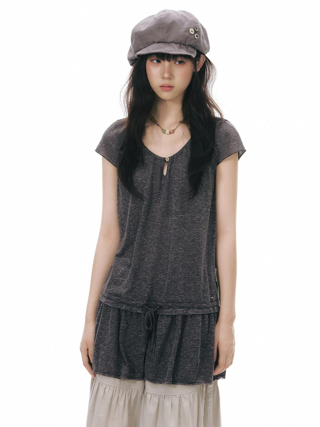 NAPSNAPS Two Piece Illusion Patchwork Frayed Hem Sheer Tie Women&