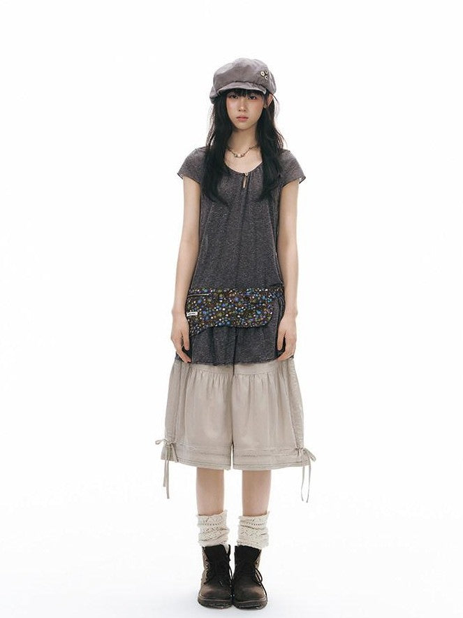 NAPSNAPS Two Piece Illusion Patchwork Frayed Hem Sheer Tie Women&