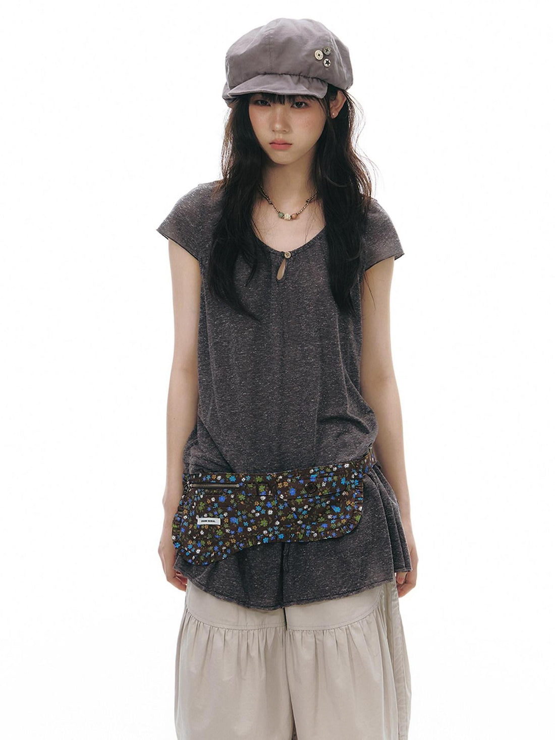 NAPSNAPS Two Piece Illusion Patchwork Frayed Hem Sheer Tie Women&