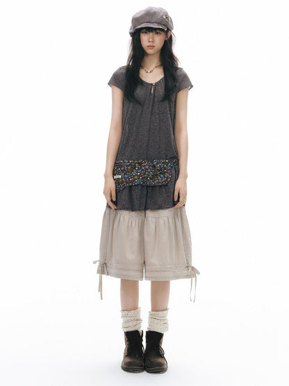 NAPSNAPS Two Piece Illusion Patchwork Frayed Hem Sheer Tie Women&