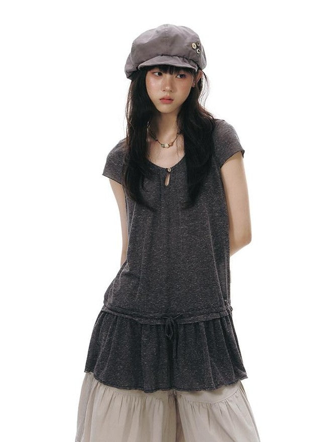 NAPSNAPS Two Piece Illusion Patchwork Frayed Hem Sheer Tie Women&