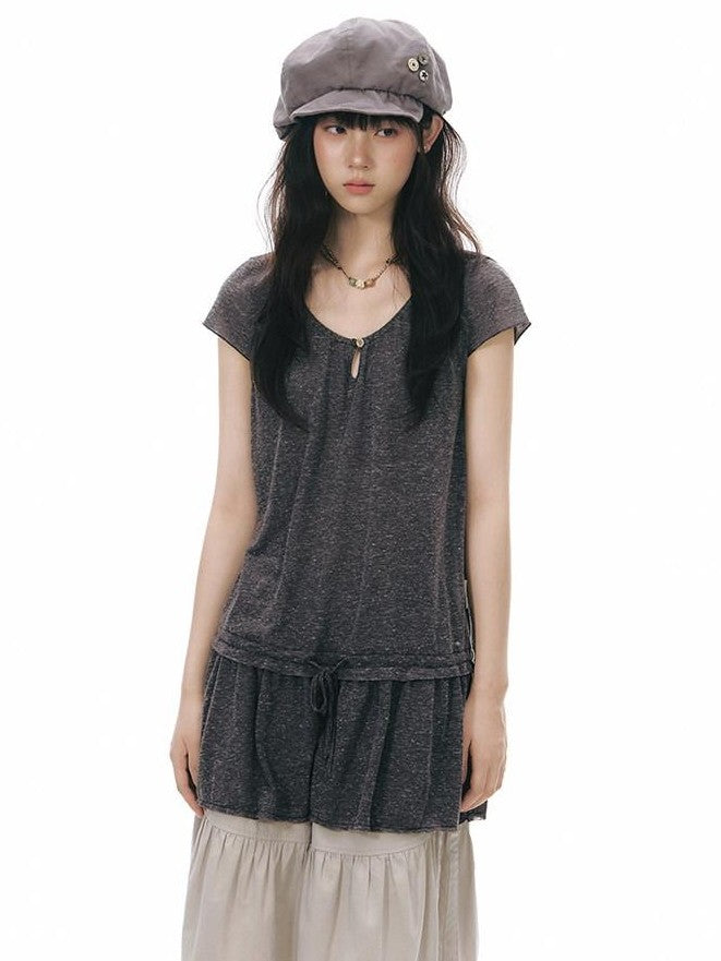 NAPSNAPS Two Piece Illusion Patchwork Frayed Hem Sheer Tie Women&