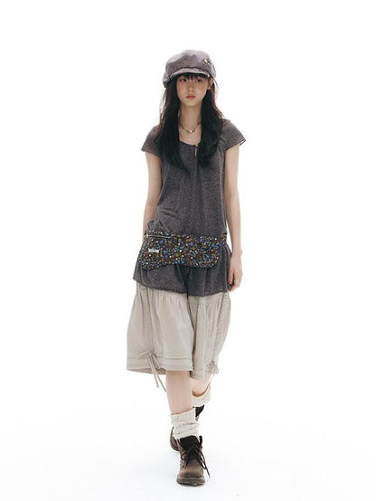 NAPSNAPS Two Piece Illusion Patchwork Frayed Hem Sheer Tie Women&