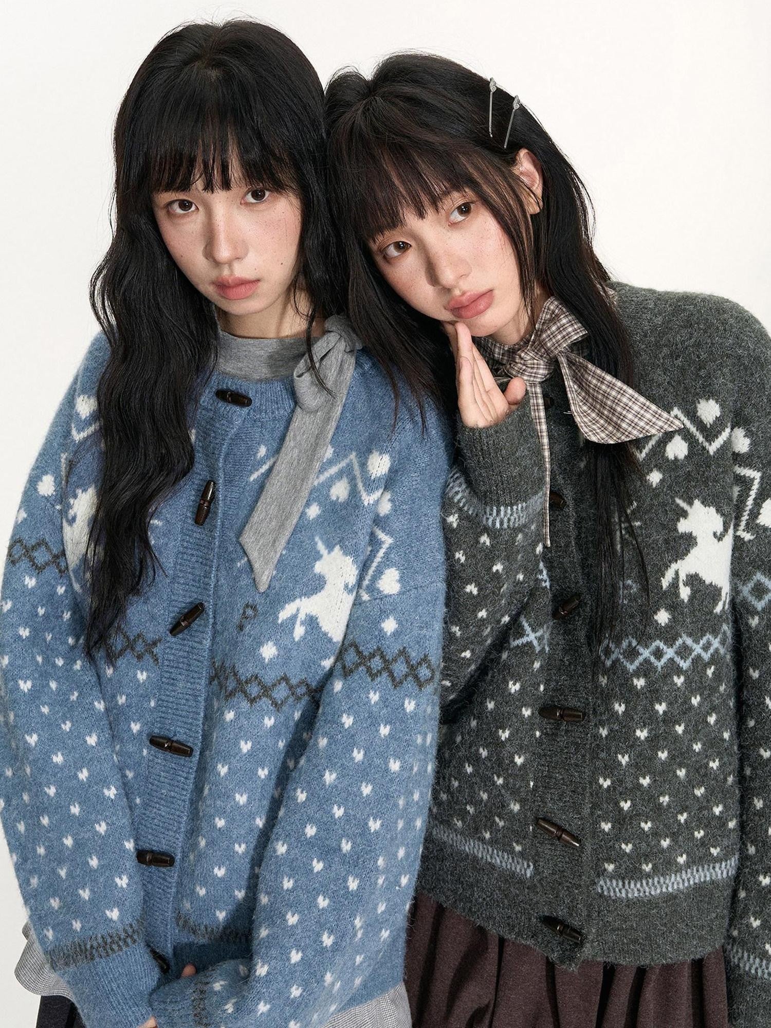 NAPSNAPS Unicorn Jacquard Knit Fair Isle Loose Roundneck Toggle Women&